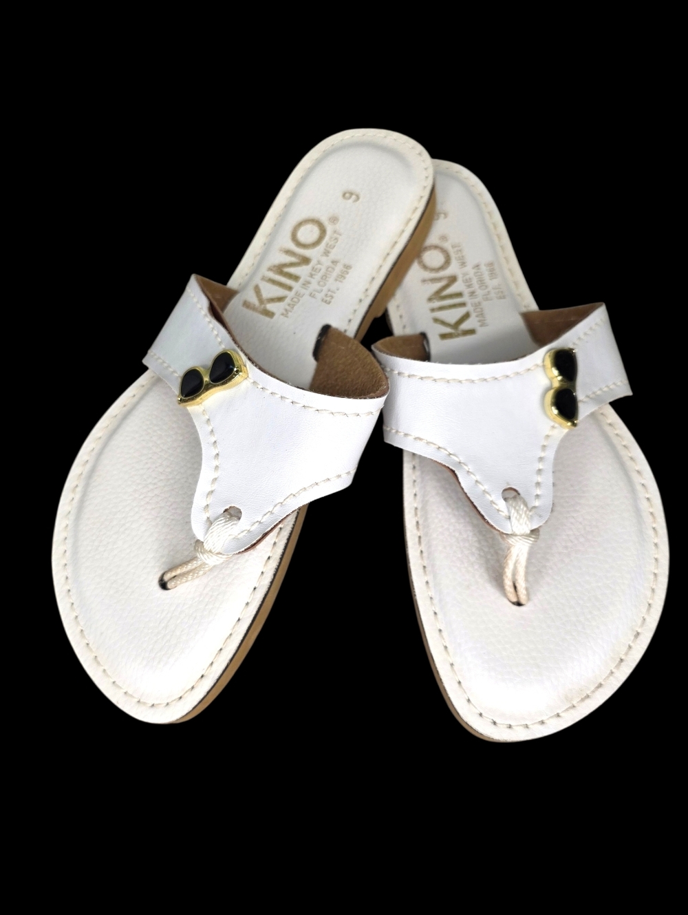 Kino Lily Women’s White Leather Thong Sandals With Sunglasses Charms Sz10
